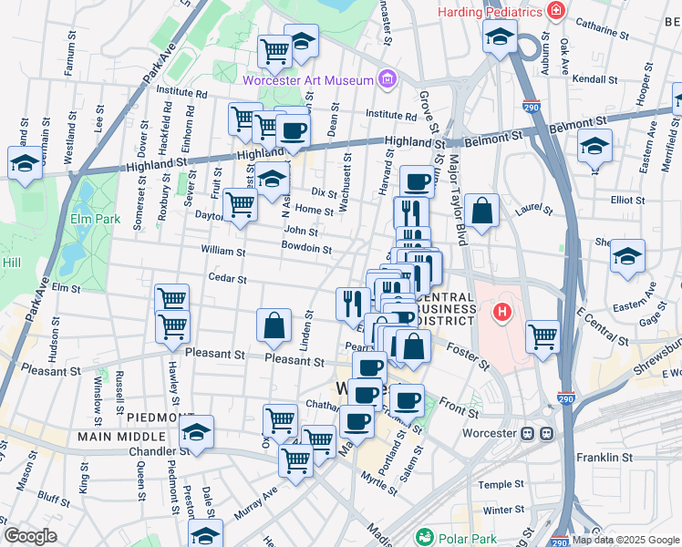 map of restaurants, bars, coffee shops, grocery stores, and more near 30 Chestnut Street in Worcester
