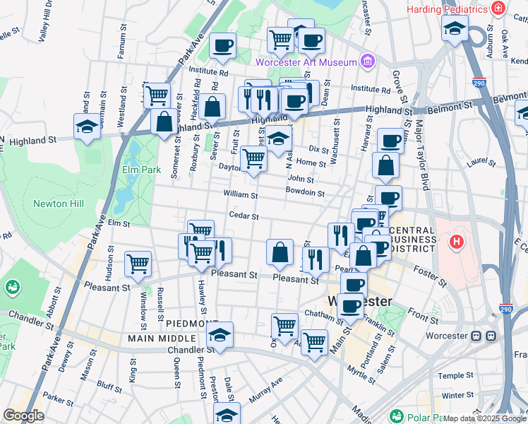 map of restaurants, bars, coffee shops, grocery stores, and more near 42 William Street in Worcester