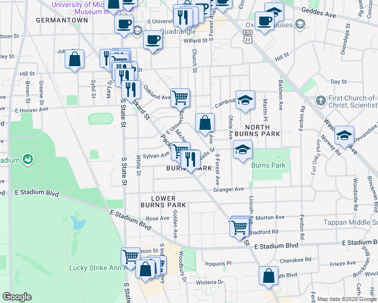 map of restaurants, bars, coffee shops, grocery stores, and more near 1118 Michigan Avenue in Ann Arbor