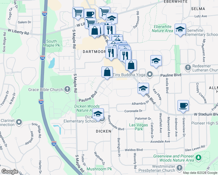 map of restaurants, bars, coffee shops, grocery stores, and more near 2021 Pauline Court in Ann Arbor