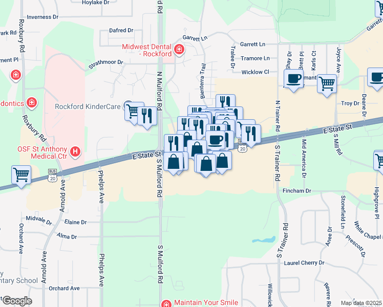 map of restaurants, bars, coffee shops, grocery stores, and more near East State Street in Rockford