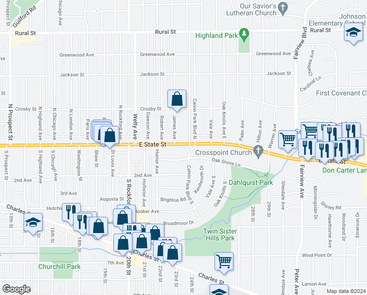 map of restaurants, bars, coffee shops, grocery stores, and more near 2719 East State Street in Rockford