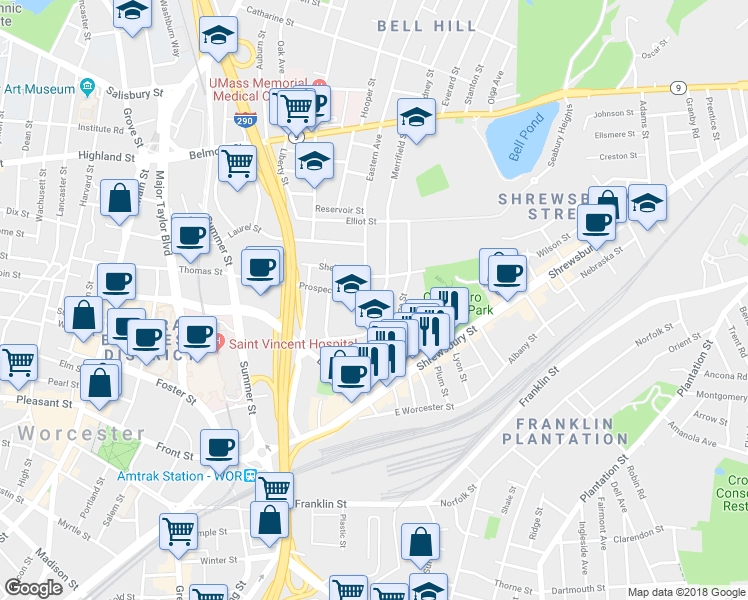 map of restaurants, bars, coffee shops, grocery stores, and more near 34 Eastern Avenue in Worcester