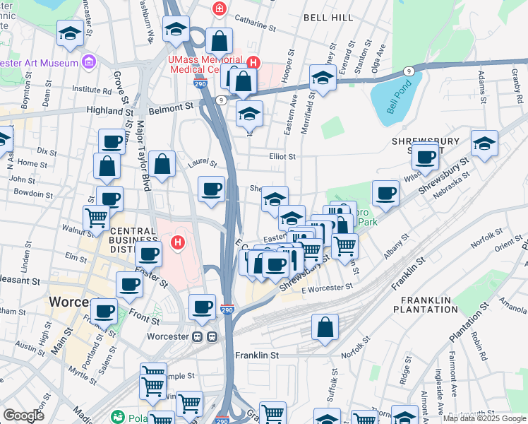 map of restaurants, bars, coffee shops, grocery stores, and more near 1 Normal Street in Worcester