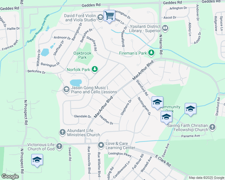 map of restaurants, bars, coffee shops, grocery stores, and more near 8569 Avon Court in Superior charter Township