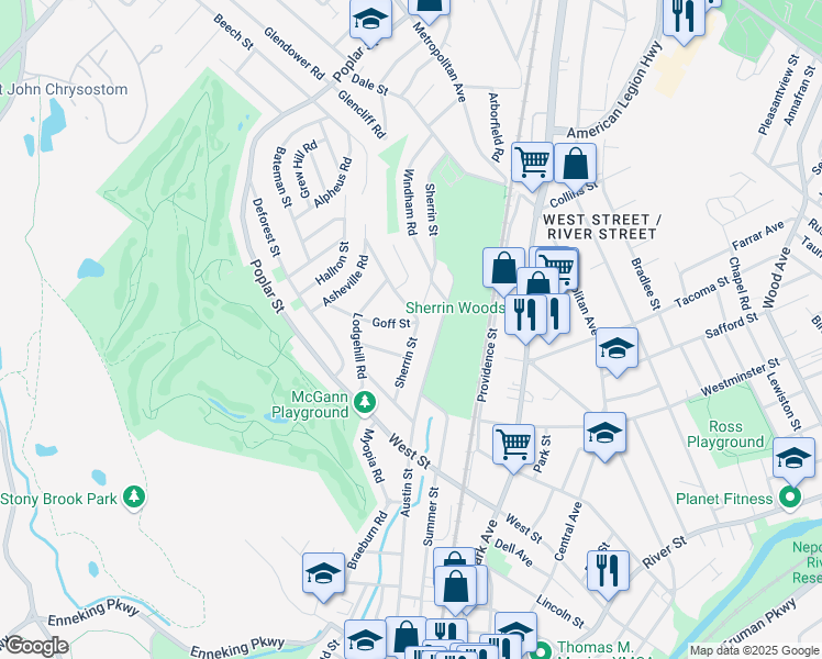map of restaurants, bars, coffee shops, grocery stores, and more near 141 Sherrin Street in Boston