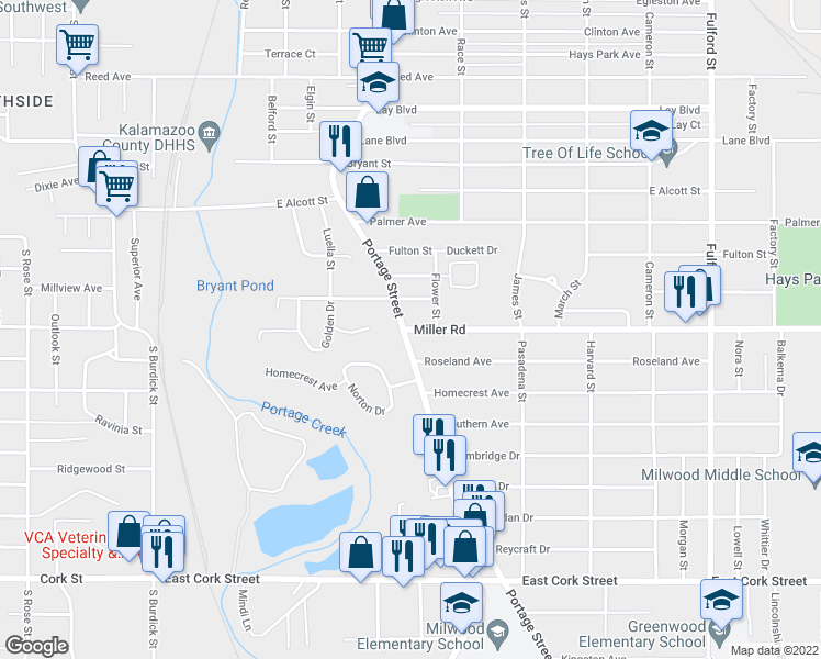 map of restaurants, bars, coffee shops, grocery stores, and more near 825 Miller Rd in Kalamazoo