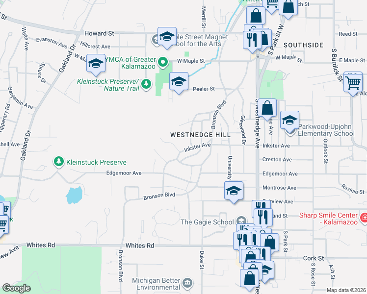 map of restaurants, bars, coffee shops, grocery stores, and more near 912 Inkster Avenue in Kalamazoo