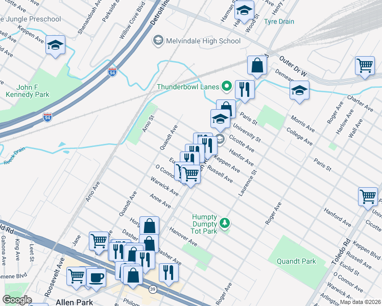 map of restaurants, bars, coffee shops, grocery stores, and more near 15562 Russell Avenue in Allen Park