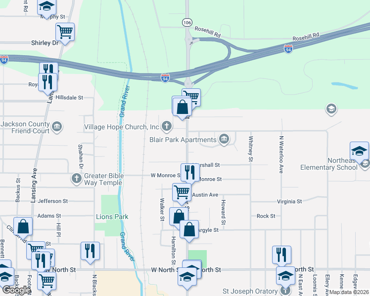 map of restaurants, bars, coffee shops, grocery stores, and more near 1416 Cooper Street in Jackson