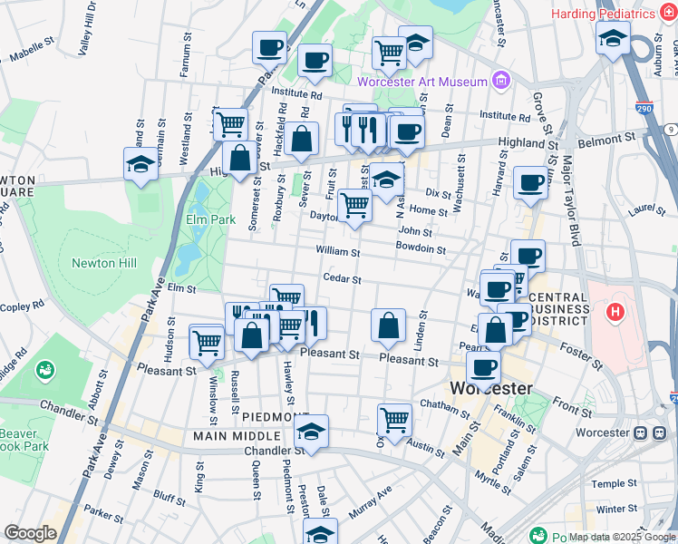 map of restaurants, bars, coffee shops, grocery stores, and more near 38 Cedar Street in Worcester