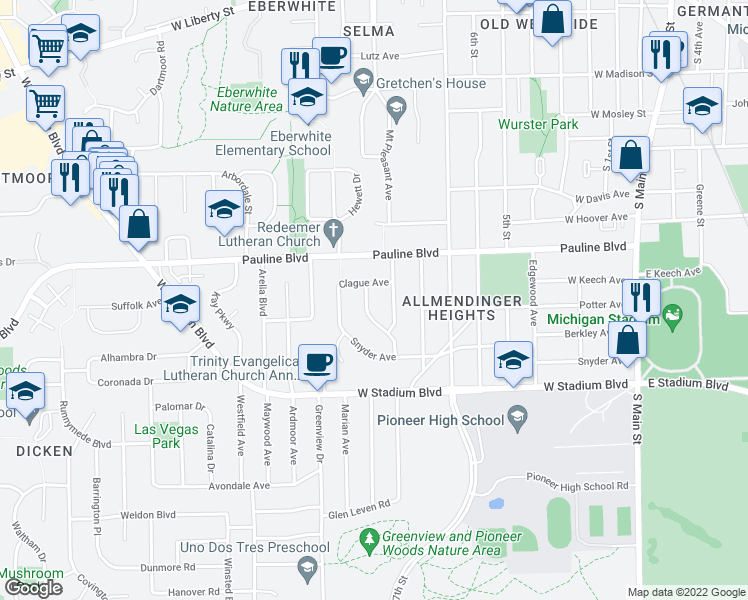 map of restaurants, bars, coffee shops, grocery stores, and more near 1215 Crosby Crescent in Ann Arbor