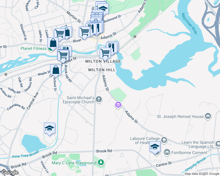 map of restaurants, bars, coffee shops, grocery stores, and more near 182 Adams Street in Milton
