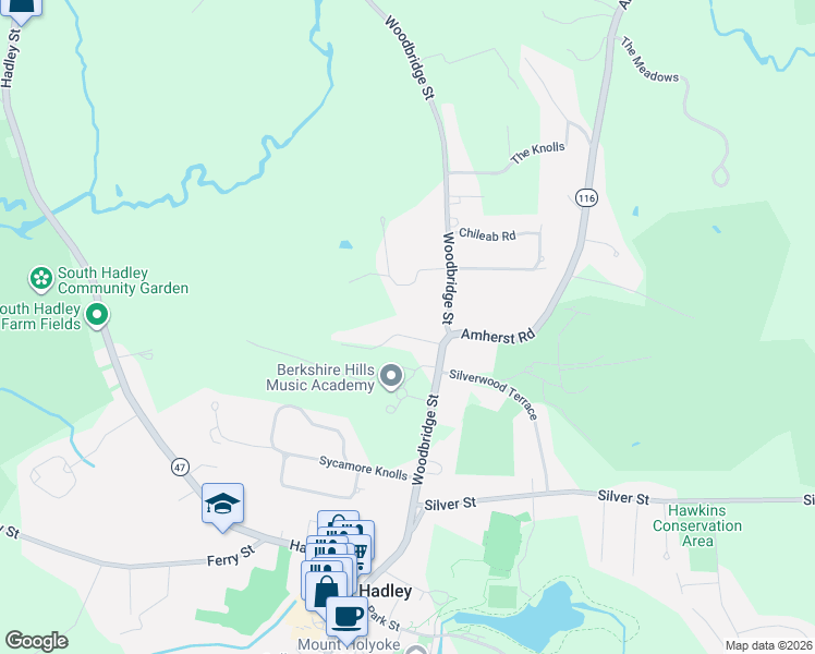 map of restaurants, bars, coffee shops, grocery stores, and more near 1 Meadow Lane in South Hadley