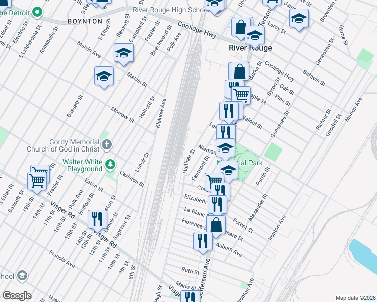 map of restaurants, bars, coffee shops, grocery stores, and more near 197 Haltiner Street in River Rouge