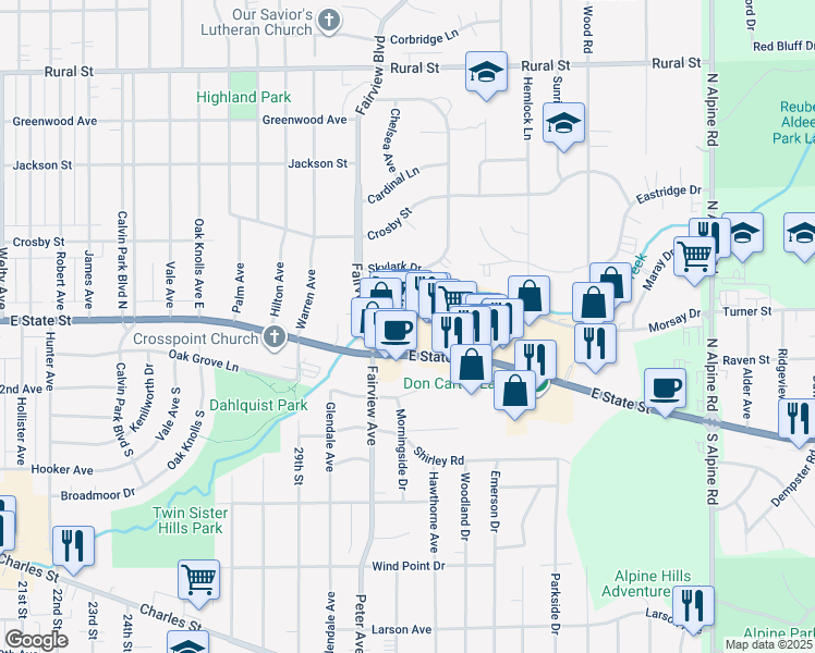map of restaurants, bars, coffee shops, grocery stores, and more near 3570 Morsay Drive in Rockford