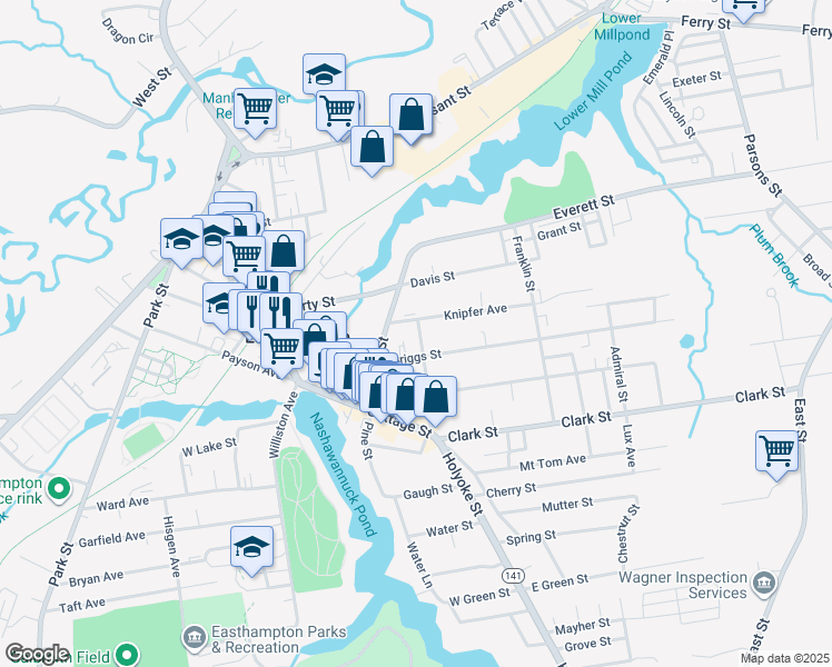 map of restaurants, bars, coffee shops, grocery stores, and more near 32 Gaston Street in Easthampton