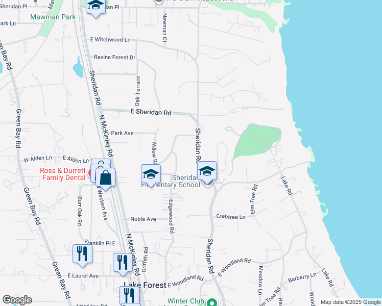 map of restaurants, bars, coffee shops, grocery stores, and more near 1500 North Sheridan Road in Lake Forest