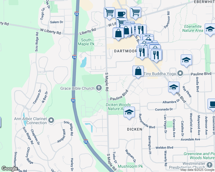 map of restaurants, bars, coffee shops, grocery stores, and more near 1241 S Maple Rd in Ann Arbor
