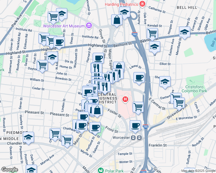 map of restaurants, bars, coffee shops, grocery stores, and more near 30 Martin Luther King Junior Boulevard in Worcester