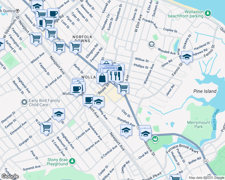 map of restaurants, bars, coffee shops, grocery stores, and more near 14 Chapman Street in Quincy