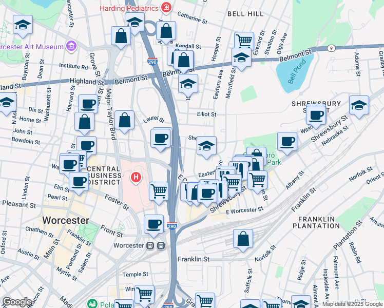 map of restaurants, bars, coffee shops, grocery stores, and more near 1 Normal Street in Worcester