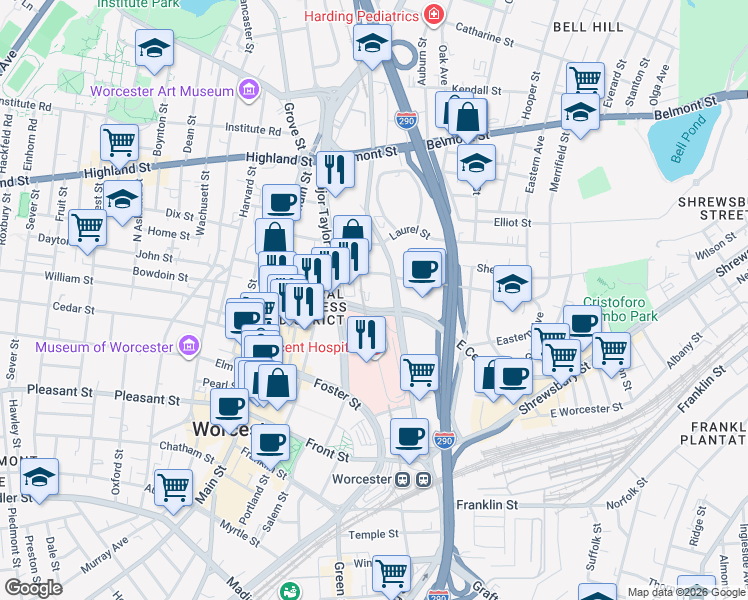 map of restaurants, bars, coffee shops, grocery stores, and more near 123 Summer Street in Worcester