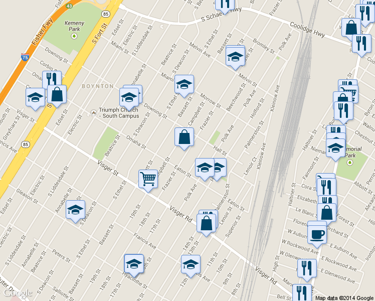 map of restaurants, bars, coffee shops, grocery stores, and more near 480 Frazier St in River Rouge