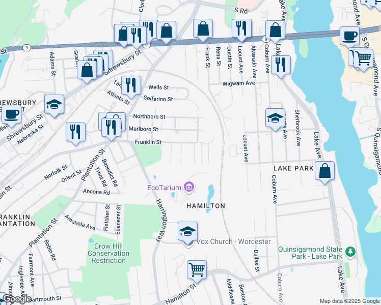 map of restaurants, bars, coffee shops, grocery stores, and more near 5 Angela Rose Lane in Worcester