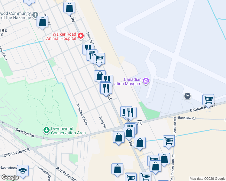 map of restaurants, bars, coffee shops, grocery stores, and more near 3861 Riberdy Road in Windsor