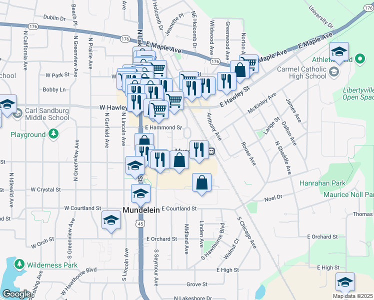 map of restaurants, bars, coffee shops, grocery stores, and more near Chicago Avenue in Mundelein