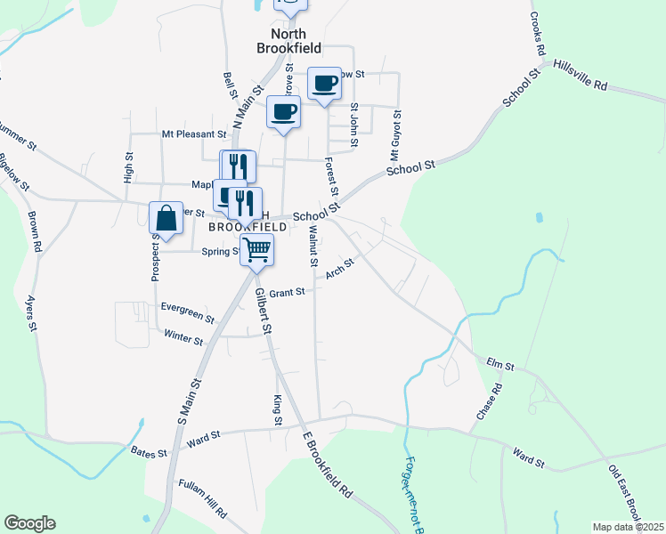 map of restaurants, bars, coffee shops, grocery stores, and more near 11 Arch Street in North Brookfield