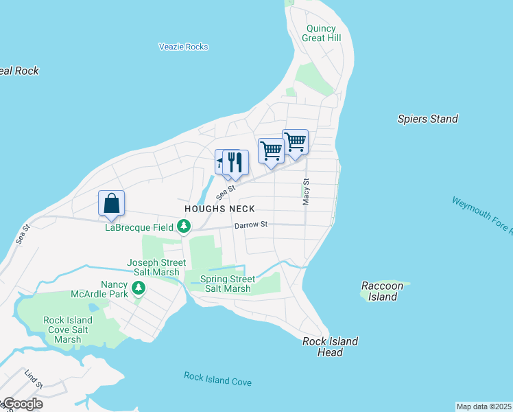 map of restaurants, bars, coffee shops, grocery stores, and more near 23 Charles Street in Quincy