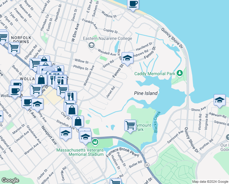 map of restaurants, bars, coffee shops, grocery stores, and more near 78 Meadowbrook Road in Quincy
