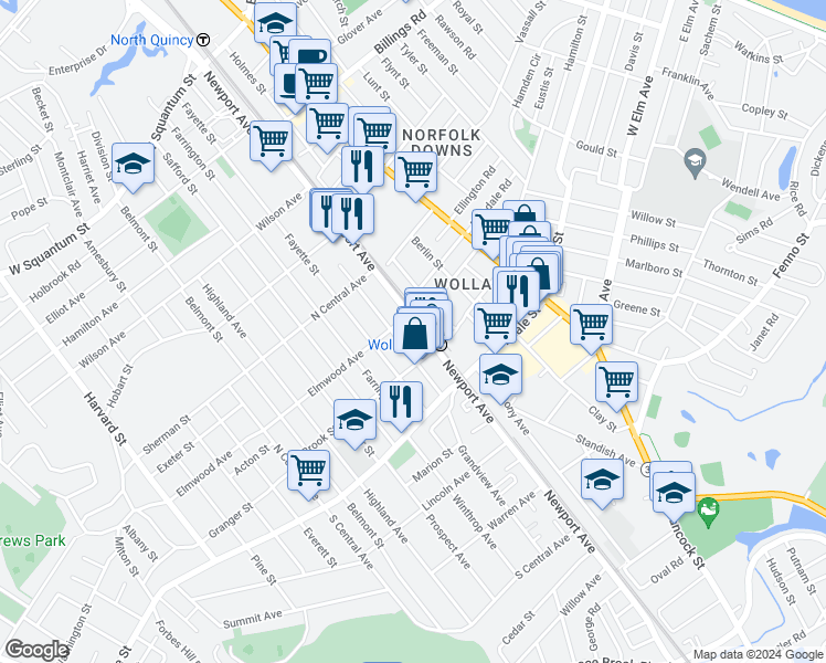 map of restaurants, bars, coffee shops, grocery stores, and more near 210 Arlington Street in Quincy
