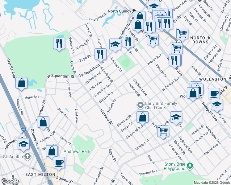 map of restaurants, bars, coffee shops, grocery stores, and more near 193 Wilson Avenue in Quincy