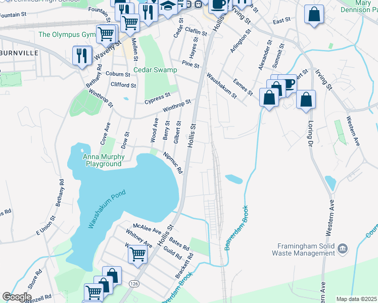 map of restaurants, bars, coffee shops, grocery stores, and more near 402 Hollis Street in Framingham