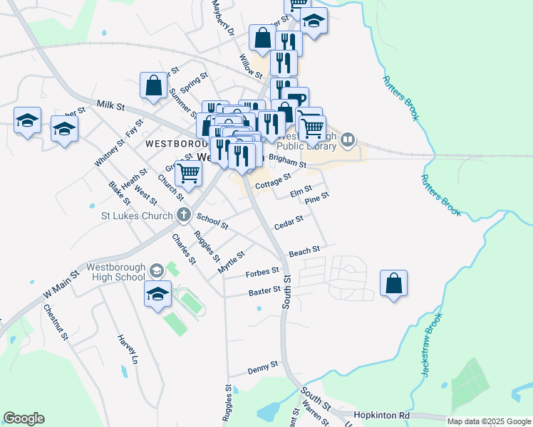 map of restaurants, bars, coffee shops, grocery stores, and more near 60 South Street in Westborough