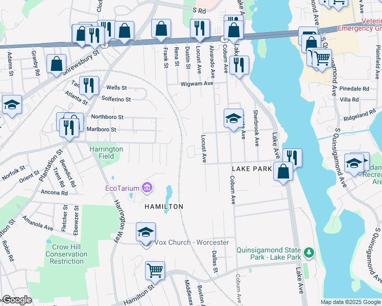 map of restaurants, bars, coffee shops, grocery stores, and more near 80 Locust Avenue in Worcester