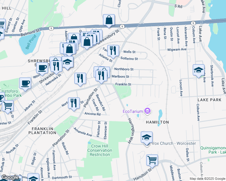 map of restaurants, bars, coffee shops, grocery stores, and more near 3 Cameron Street in Worcester