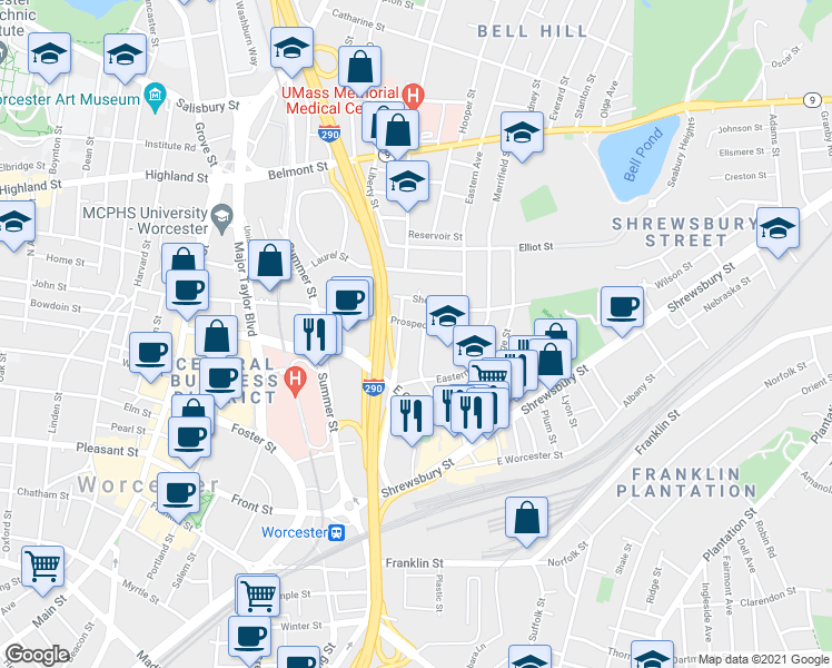 map of restaurants, bars, coffee shops, grocery stores, and more near 1 Normal Street in Worcester