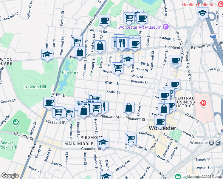 map of restaurants, bars, coffee shops, grocery stores, and more near 38 Cedar Street in Worcester