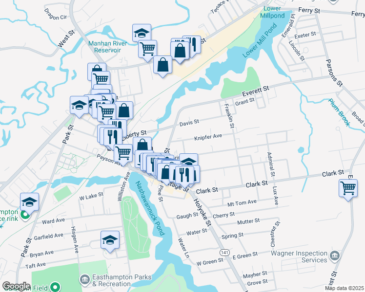 map of restaurants, bars, coffee shops, grocery stores, and more near 32 Gaston Street in Easthampton