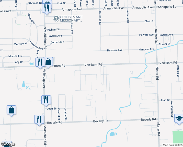 map of restaurants, bars, coffee shops, grocery stores, and more near 28582 North Maple Street in Romulus