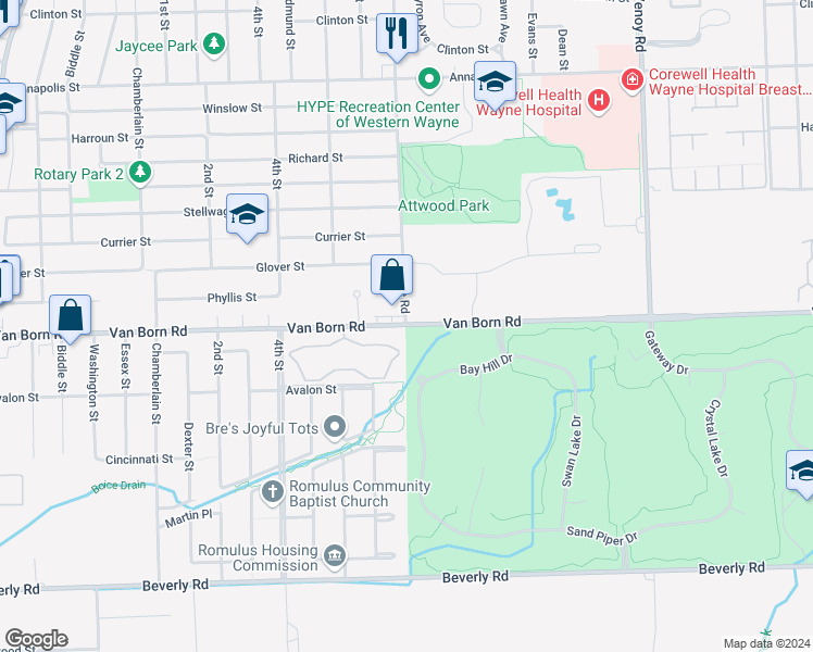 map of restaurants, bars, coffee shops, grocery stores, and more near 33920 Van Born Road in Wayne