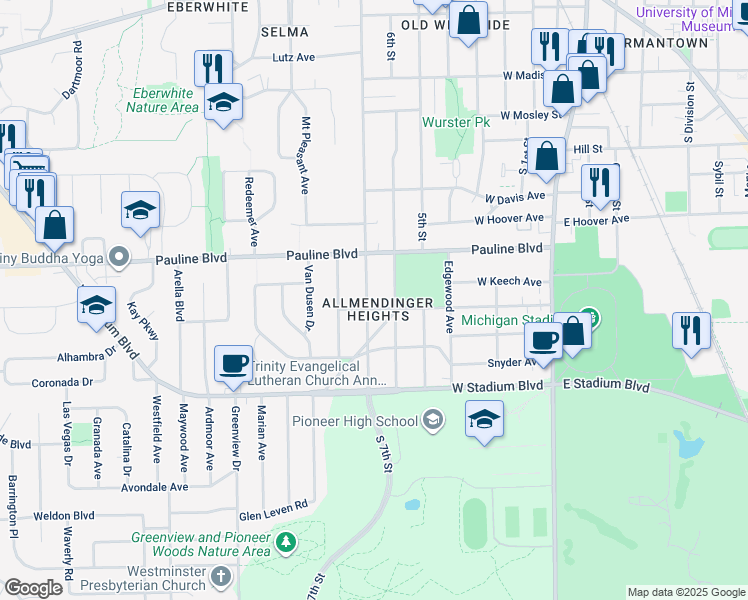 map of restaurants, bars, coffee shops, grocery stores, and more near in Ann Arbor