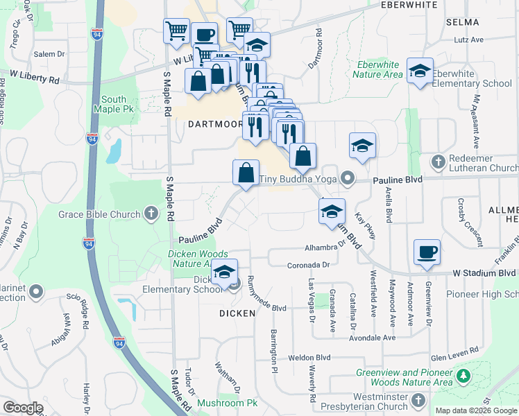 map of restaurants, bars, coffee shops, grocery stores, and more near 2021 Pauline Court in Ann Arbor