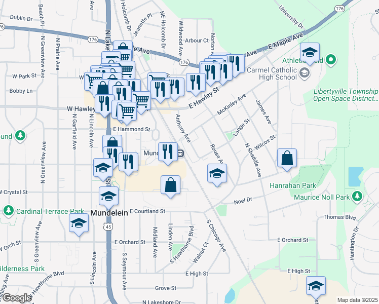 map of restaurants, bars, coffee shops, grocery stores, and more near in Mundelein