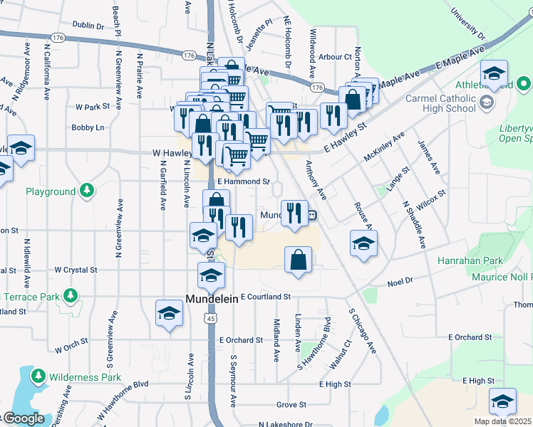 map of restaurants, bars, coffee shops, grocery stores, and more near 250 Plaza Circle in Mundelein