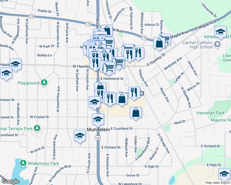 map of restaurants, bars, coffee shops, grocery stores, and more near 231 North Seymour Avenue in Mundelein